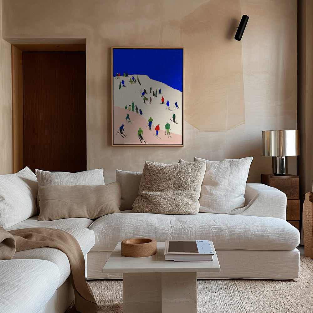 Paysage: skieurs sur pente bleue
