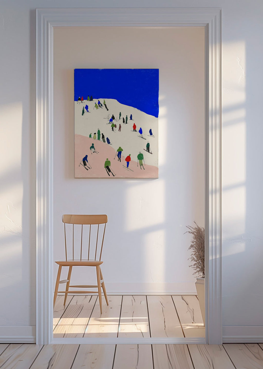Paysage: skieurs sur pente bleue