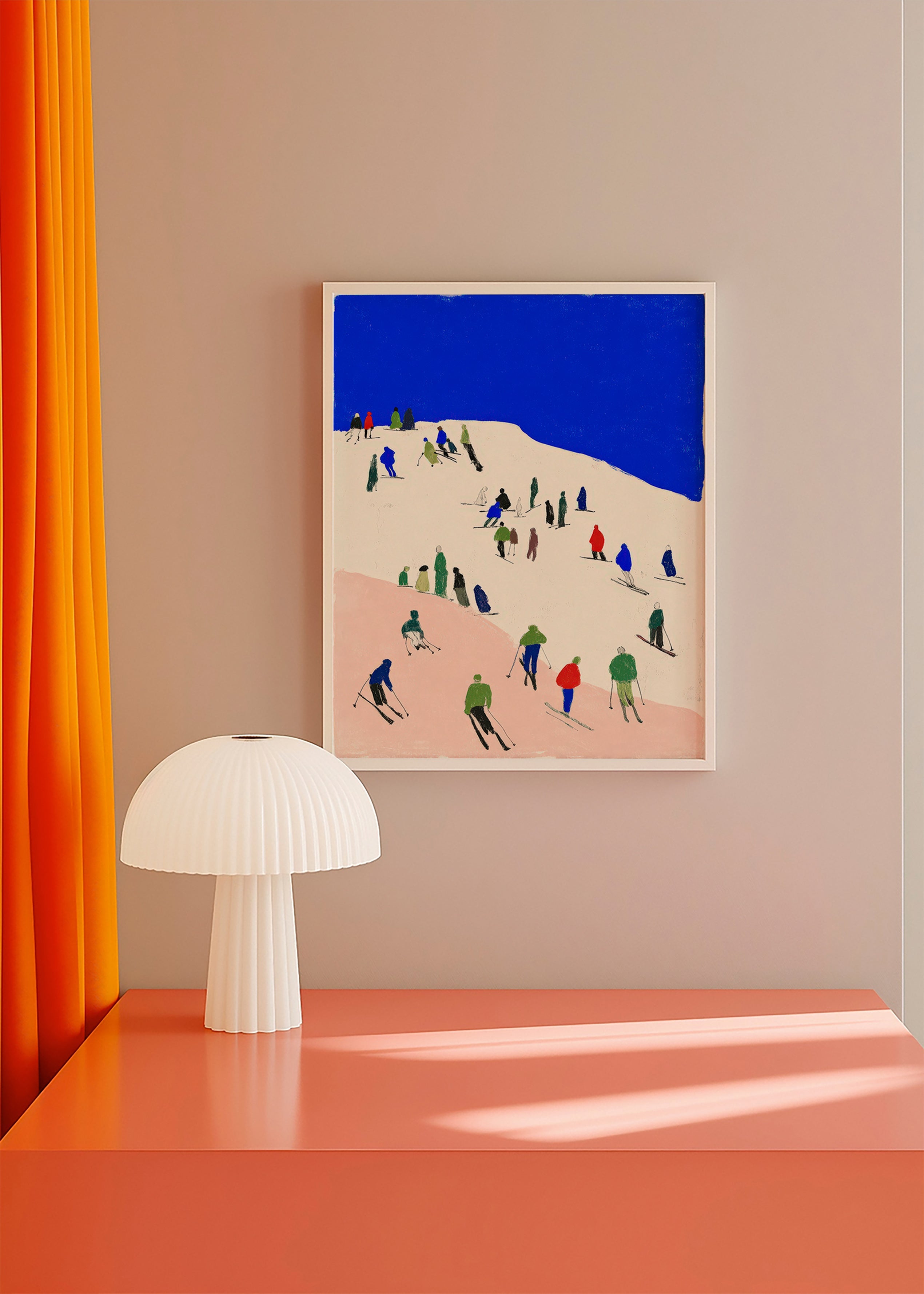Paysage: skieurs sur pente bleue