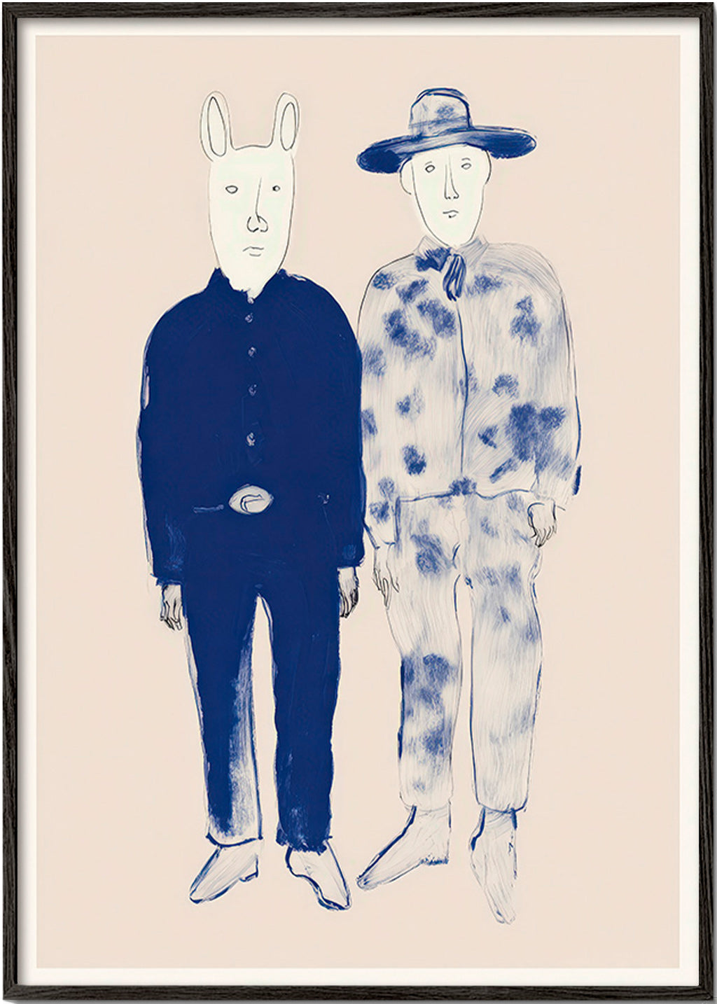 Illustration de deux personnages avec lapin en encre bleue