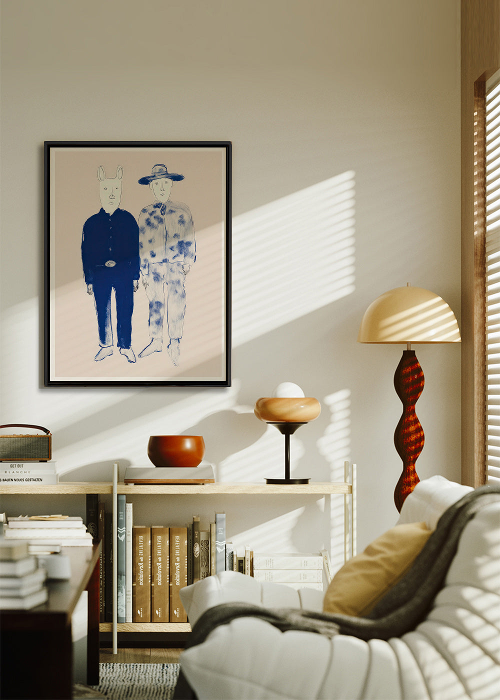 Illustration de deux personnages avec lapin en encre bleue