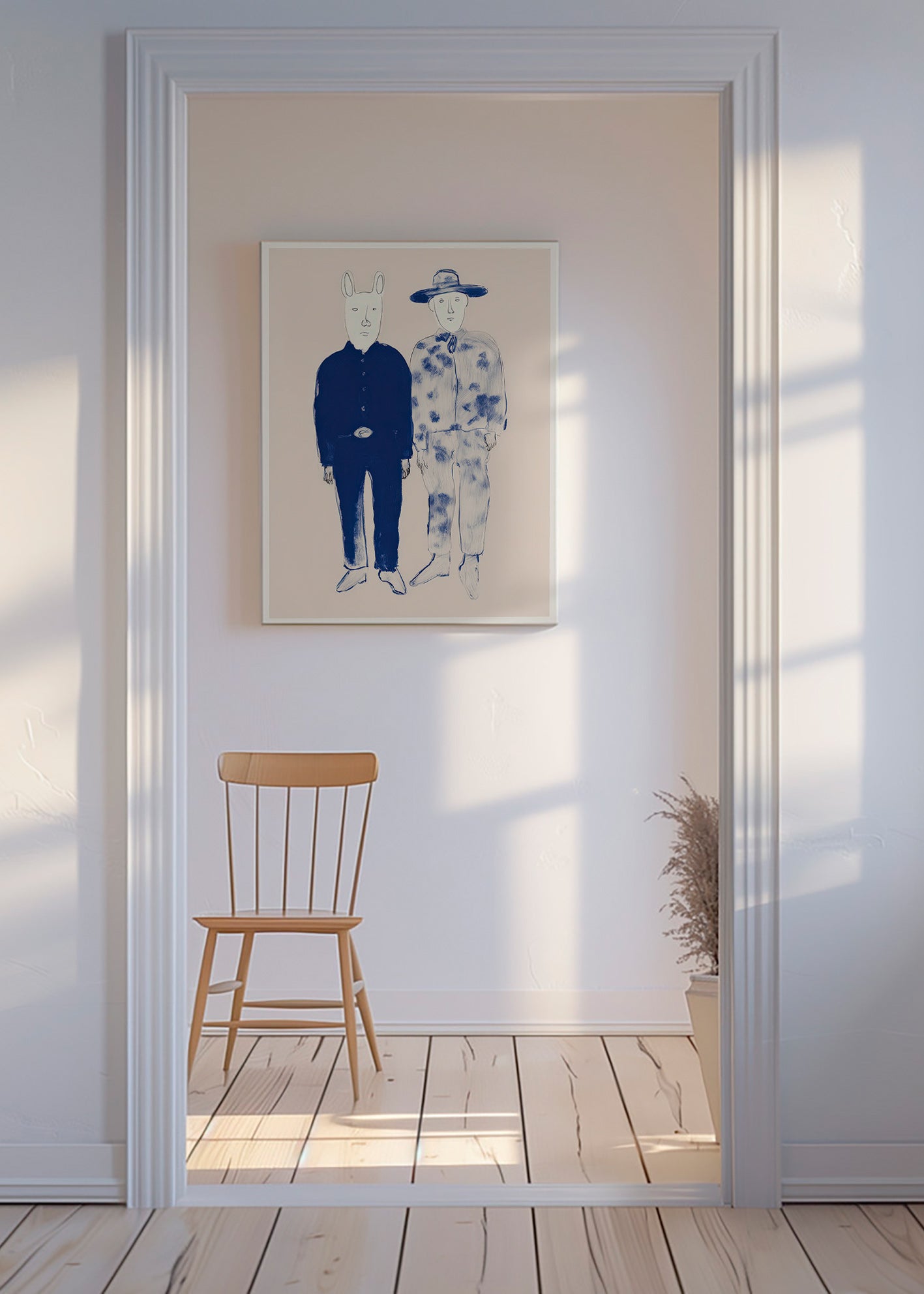 Illustration de deux personnages avec lapin en encre bleue