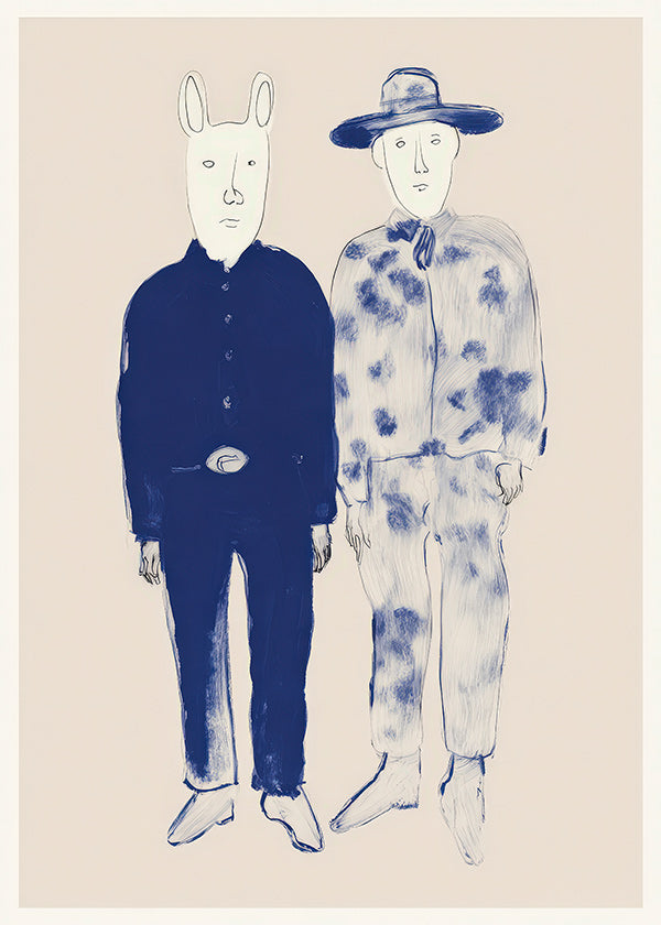 Illustration de deux personnages avec lapin en encre bleue