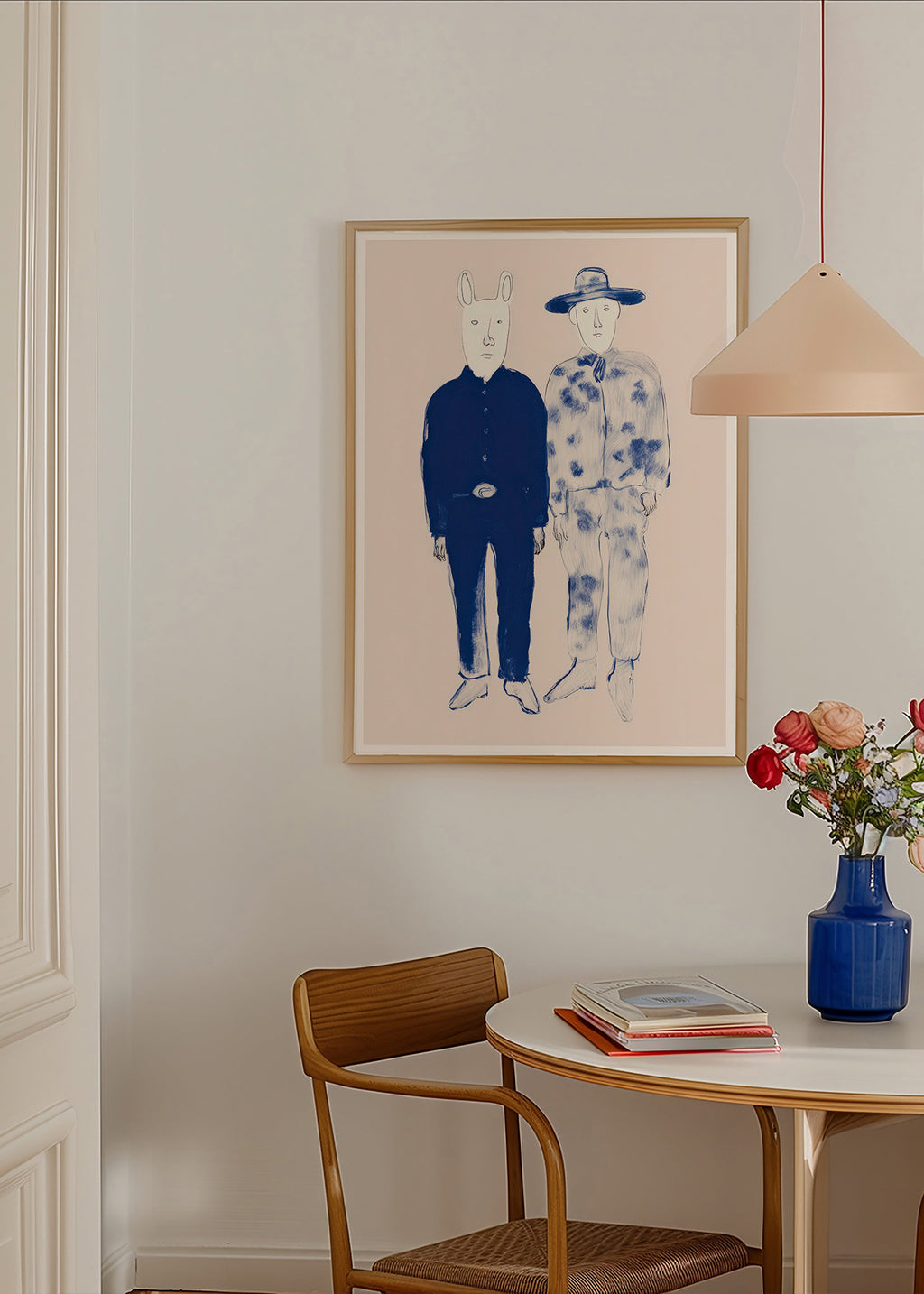 Illustration de deux personnages avec lapin en encre bleue