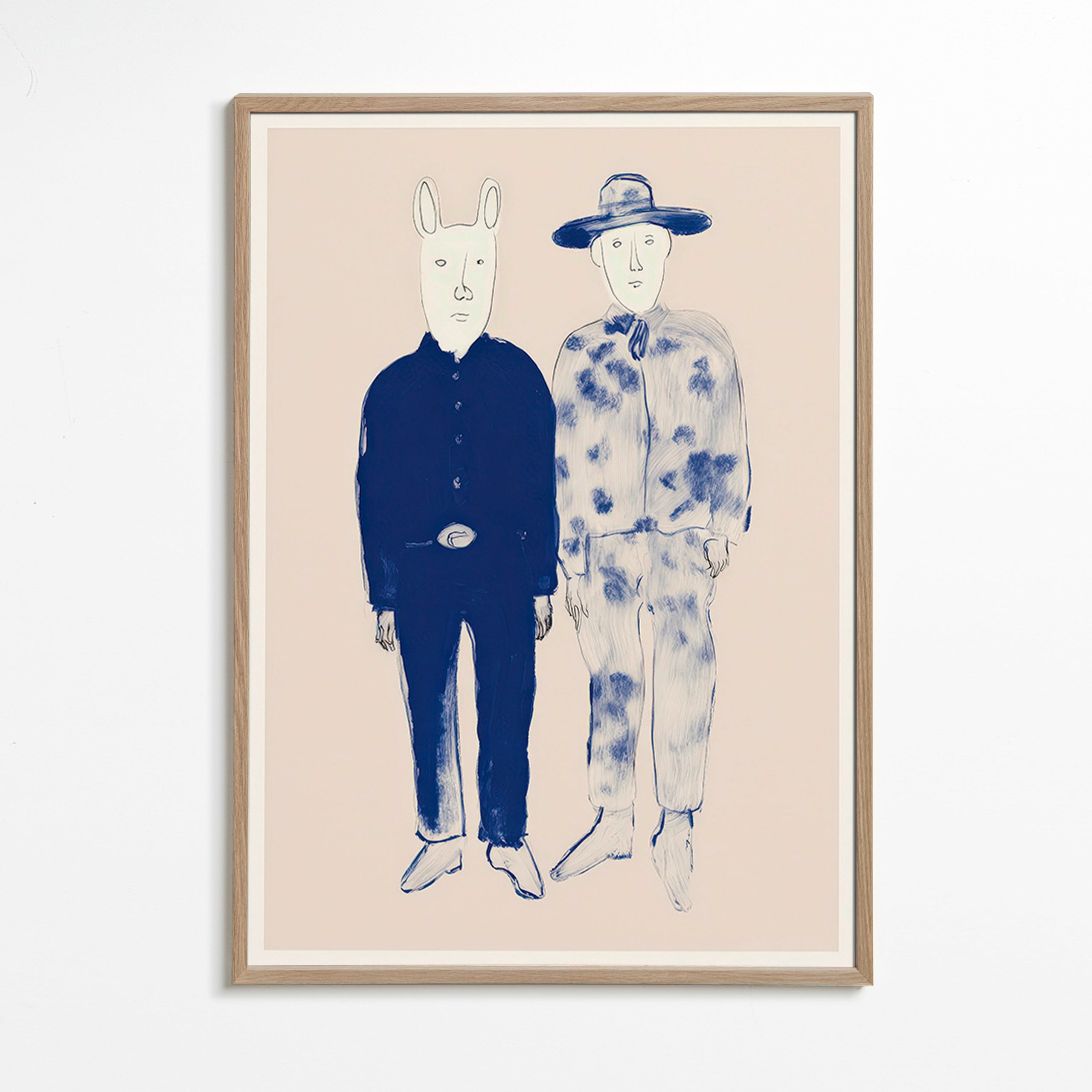 Illustration de deux personnages avec lapin en encre bleue