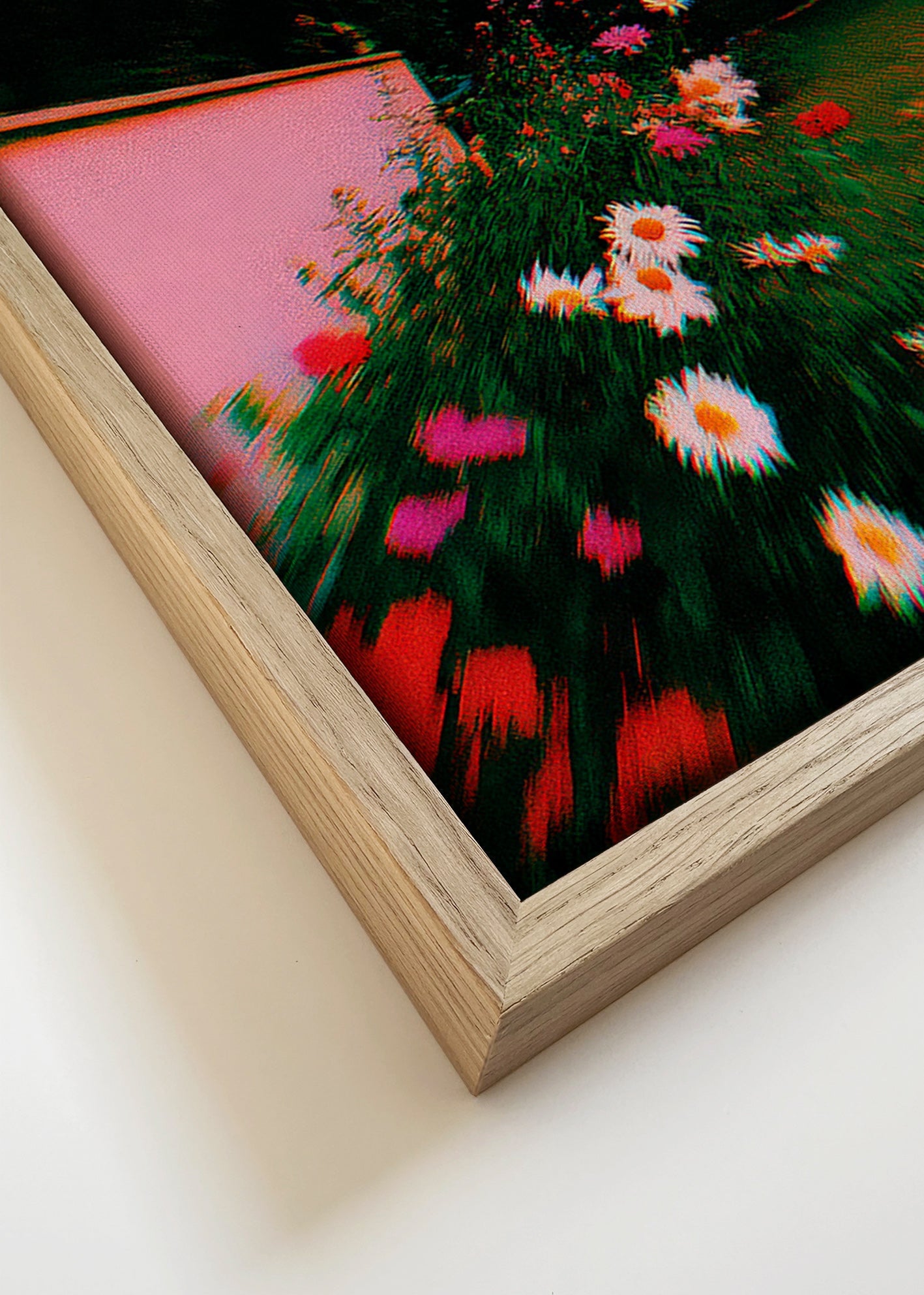 Impression botanique: jardin flou avec marguerites