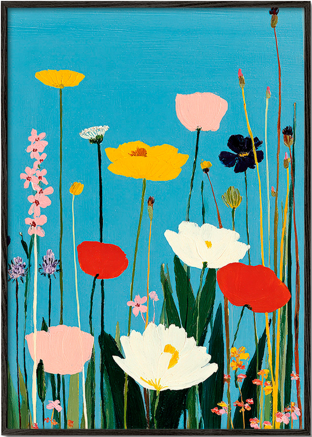 Impression botanique de fleurs sauvages sobre bleu