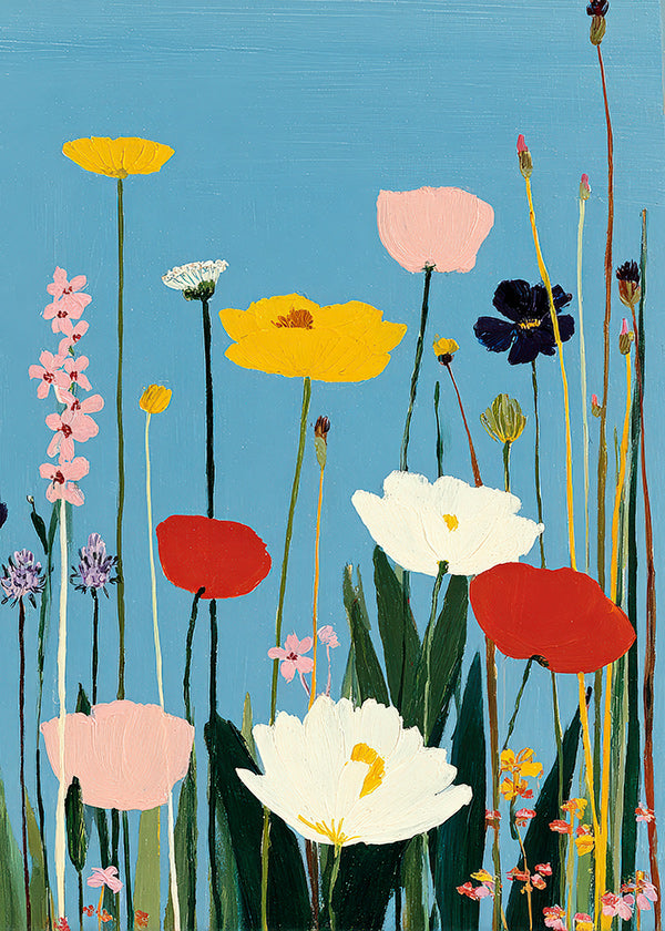Impression botanique de fleurs sauvages sobre bleu