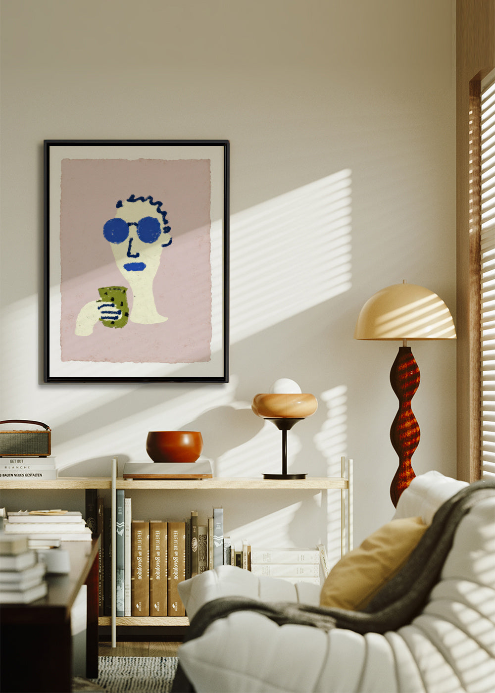 Blue Sunglasses - Framed canvas in an interior