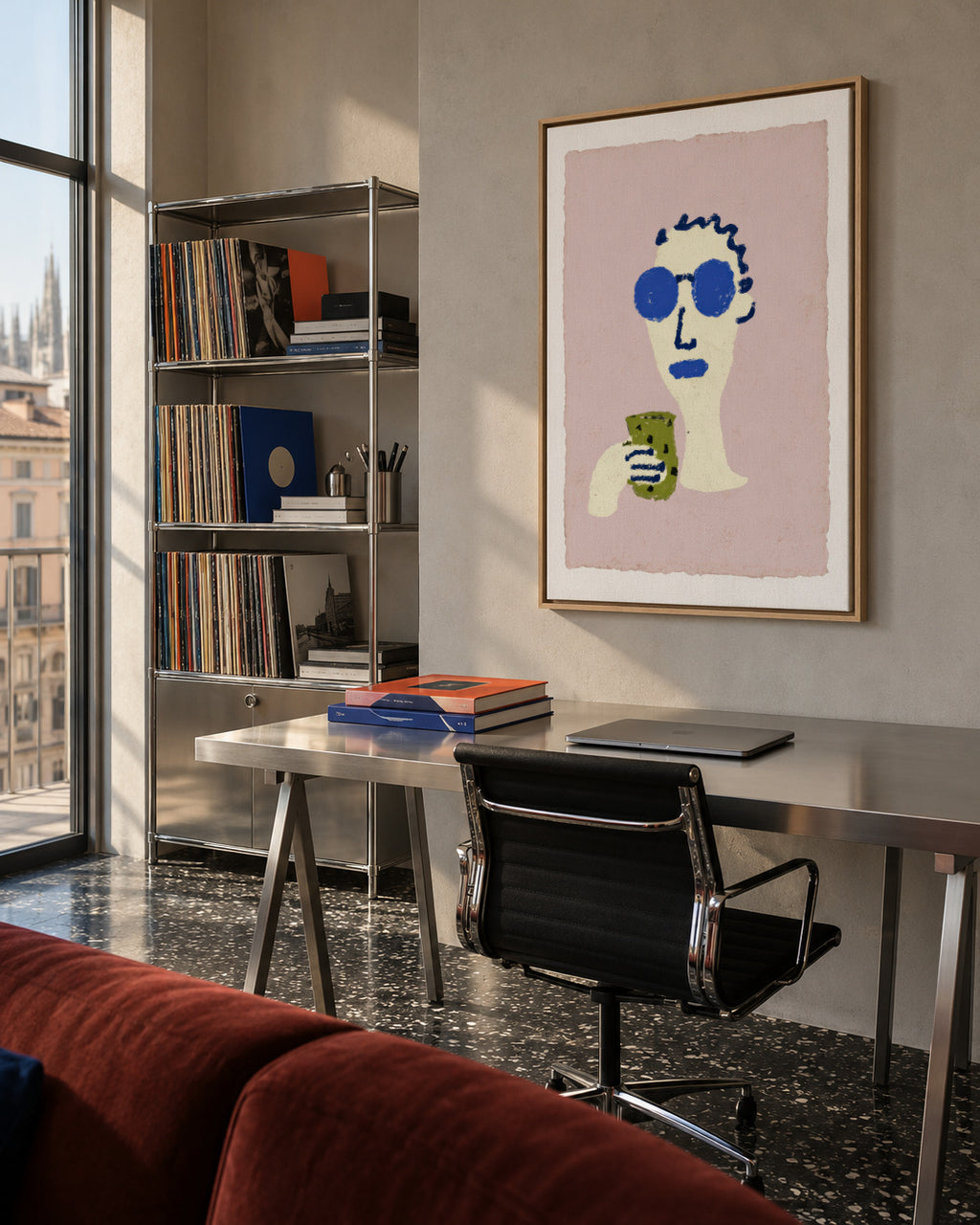 Blue Sunglasses - Framed canvas in an interior