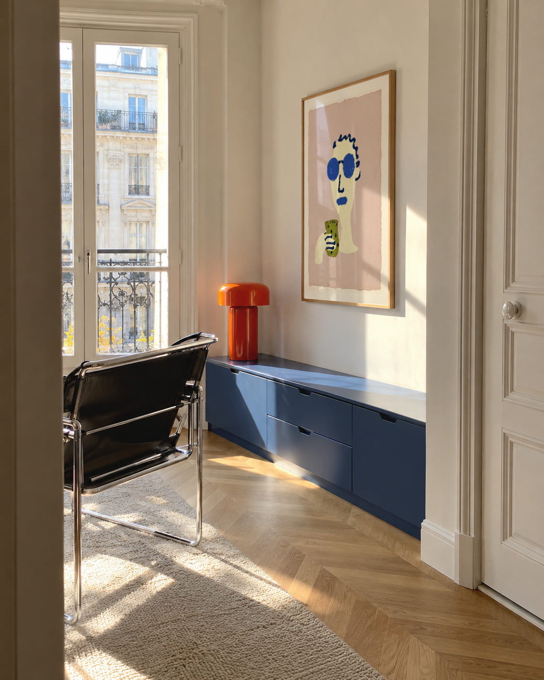 Blue Sunglasses - Framed poster in an interior