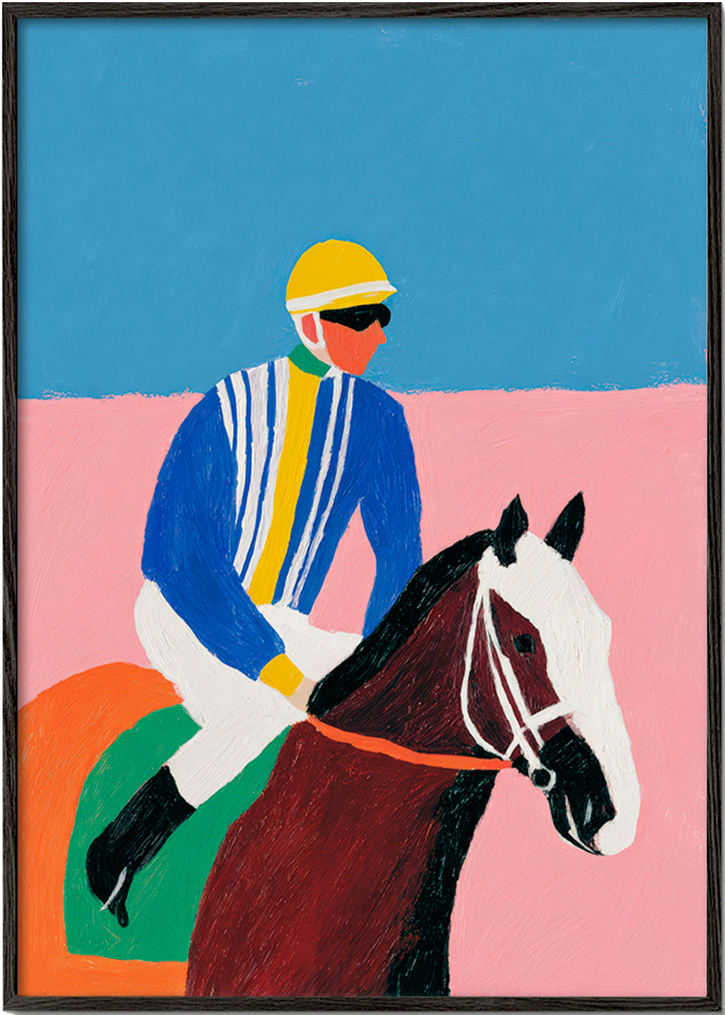 Art sportif : jockey et cheval en couleurs plates