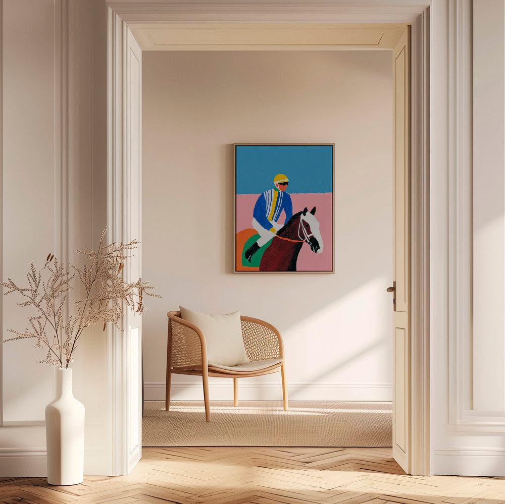 Art sportif : jockey et cheval en couleurs plates