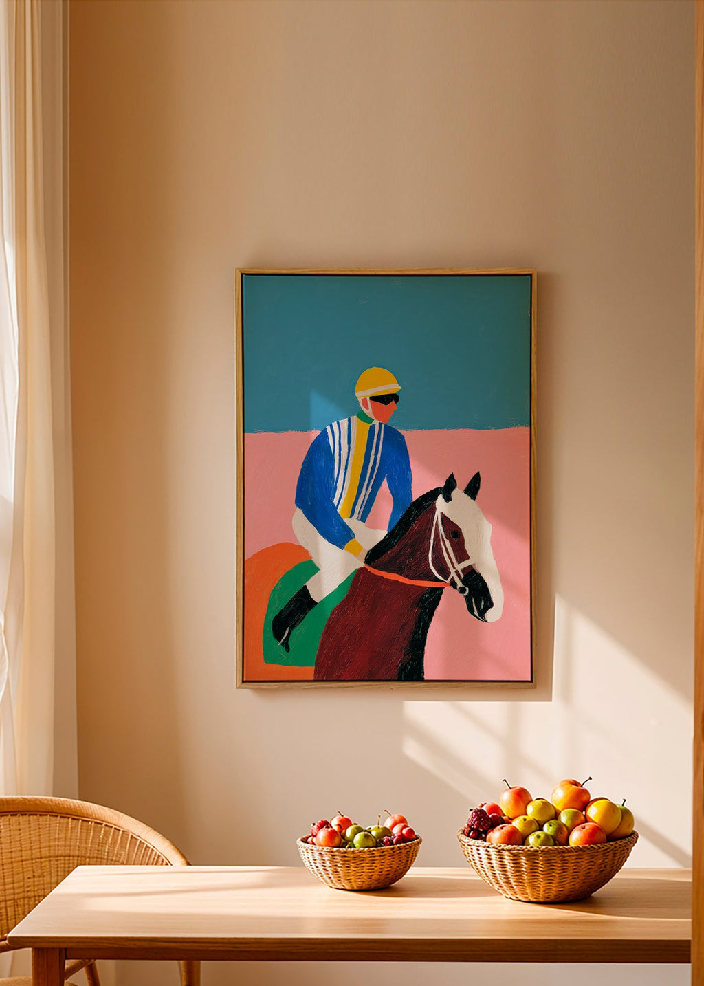 Art sportif : jockey et cheval en couleurs plates