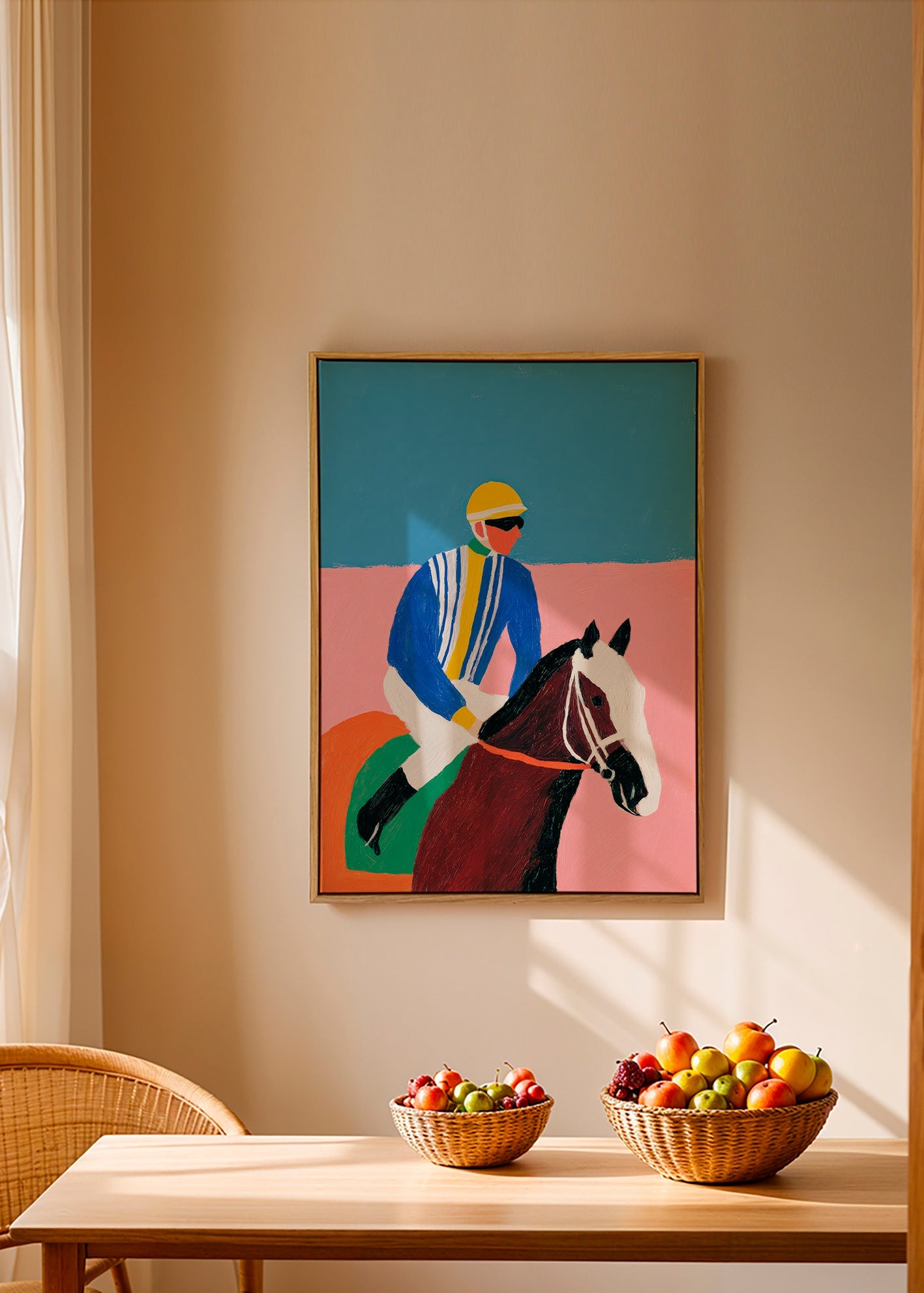 Art sportif : jockey et cheval en couleurs plates