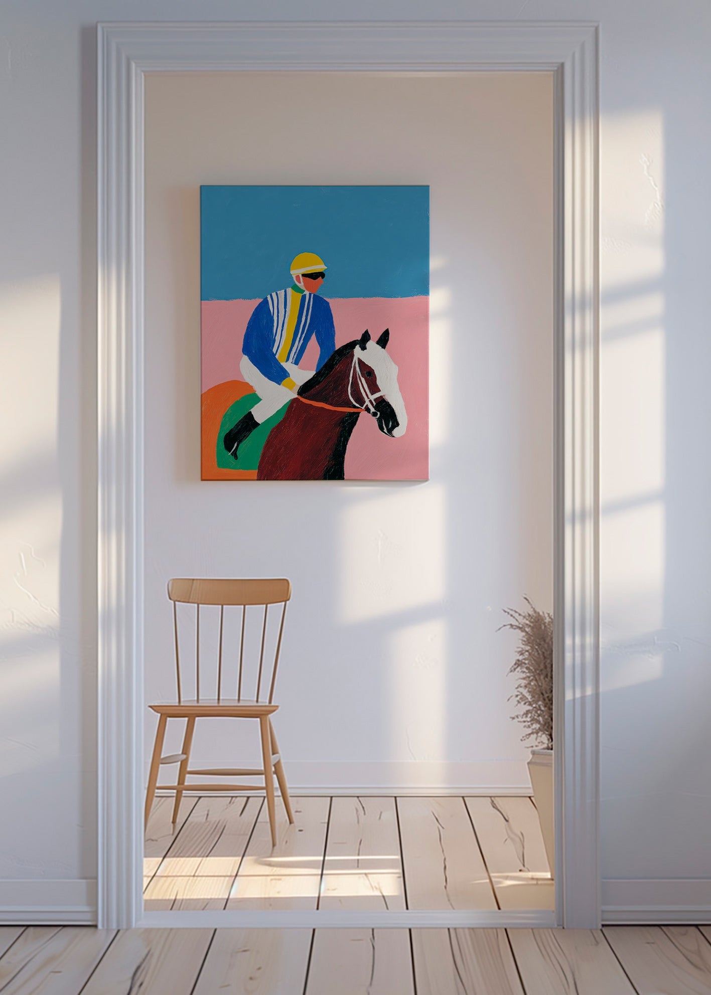 Art sportif : jockey et cheval en couleurs plates