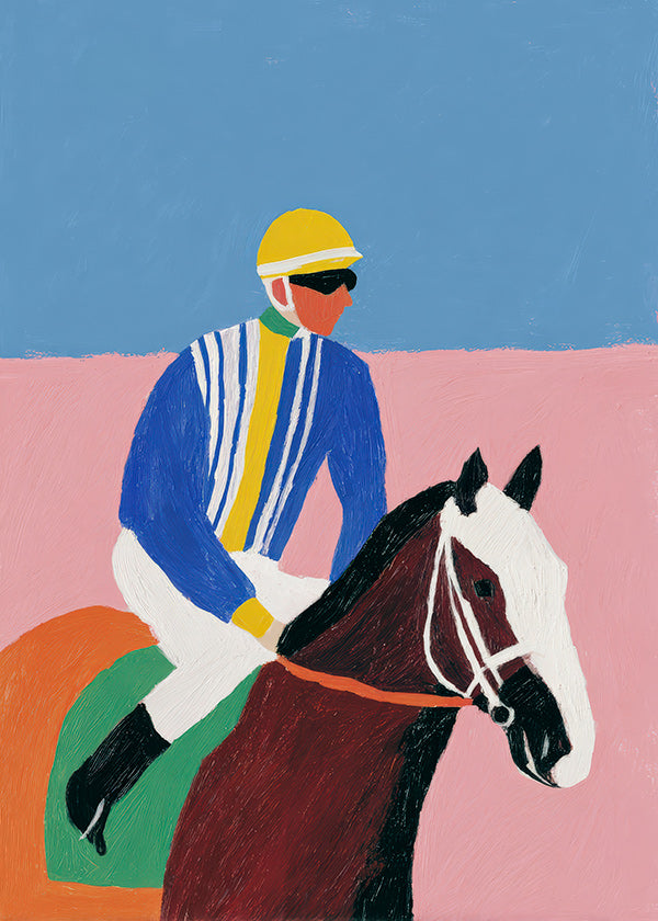 Art sportif : jockey et cheval en couleurs plates