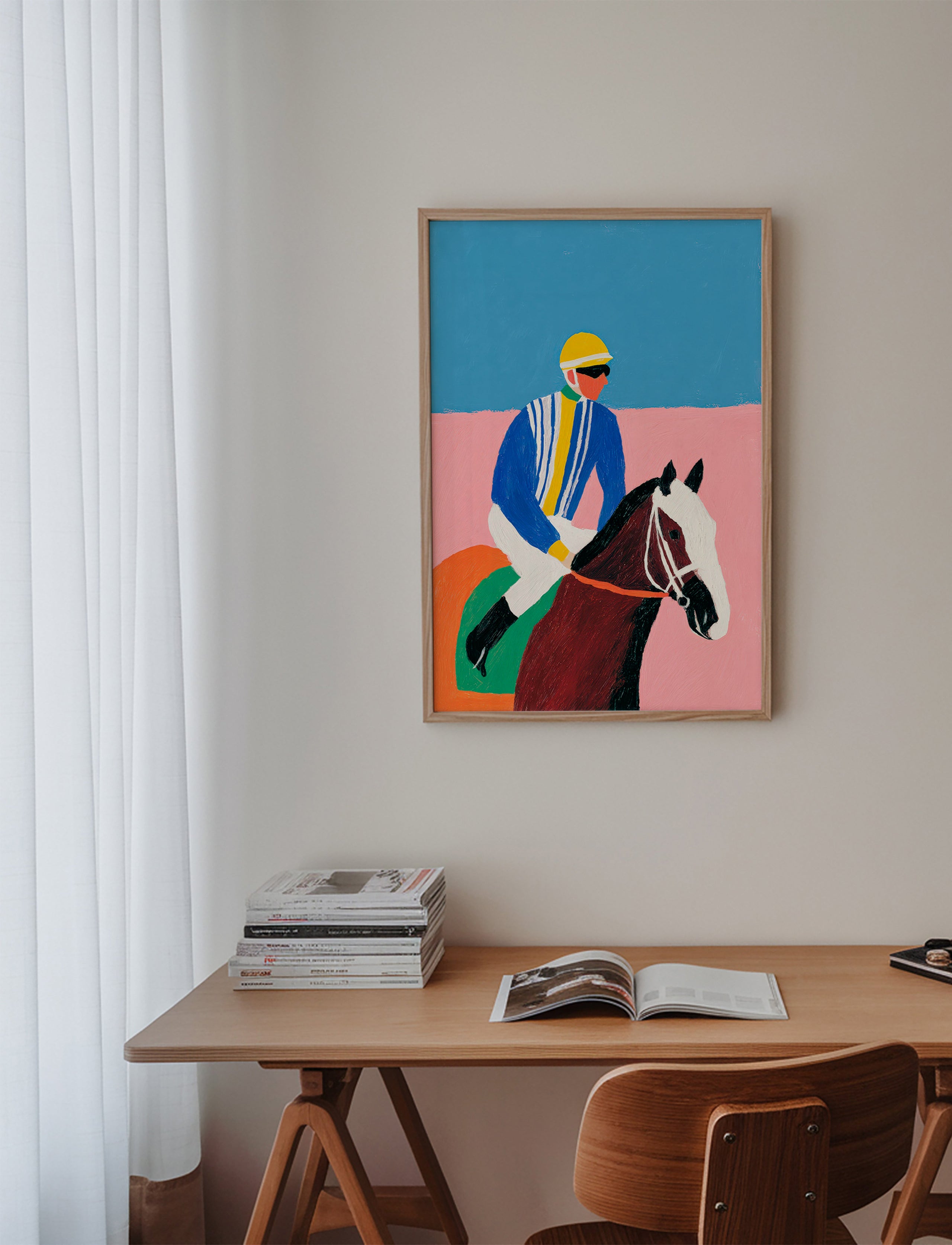 Art sportif : jockey et cheval en couleurs plates