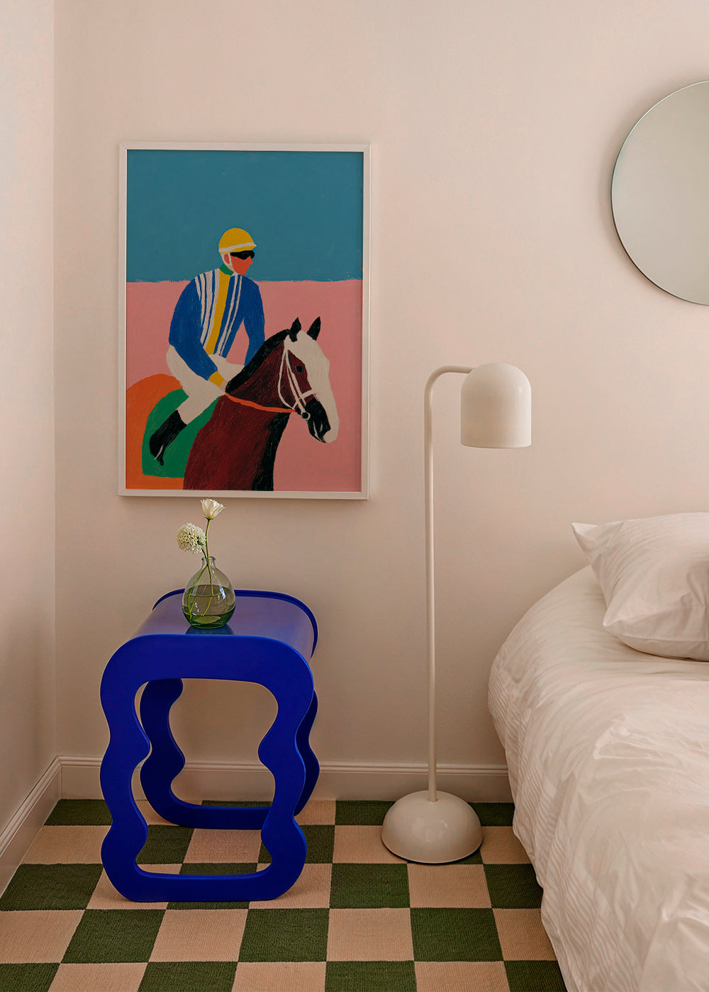 Art sportif : jockey et cheval en couleurs plates