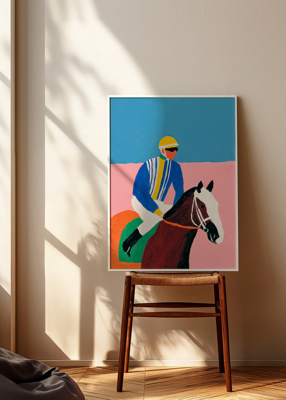 Art sportif : jockey et cheval en couleurs plates