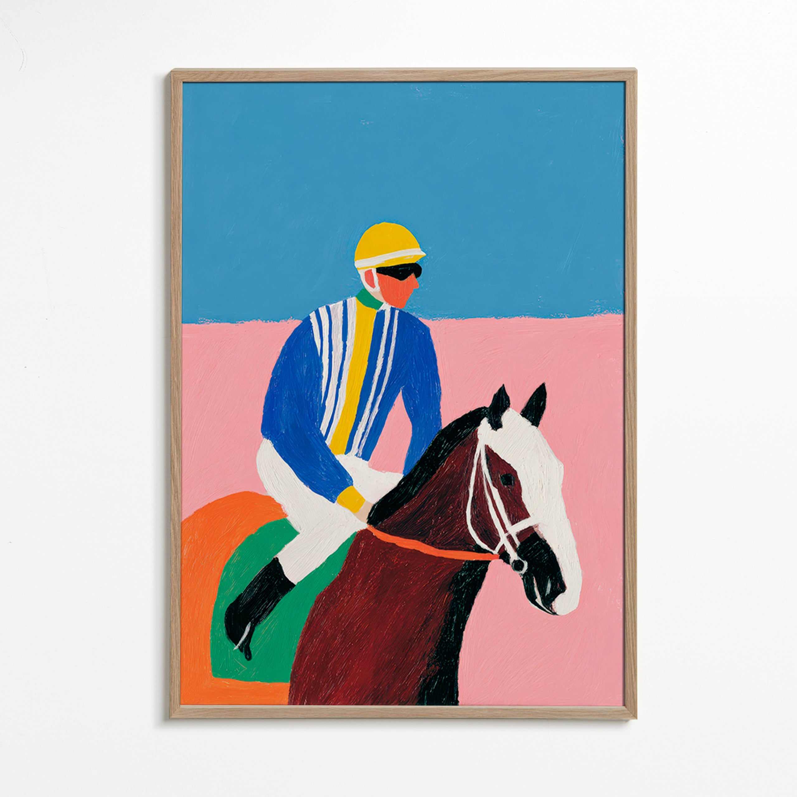 Art sportif : jockey et cheval en couleurs plates