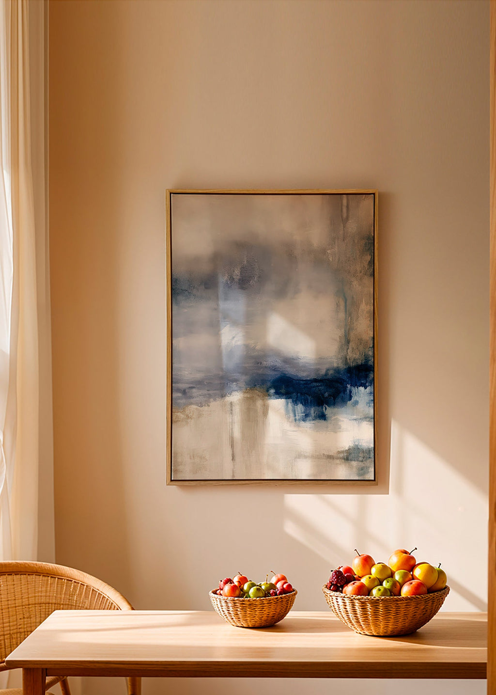 Œuvre abstraite bleu et beige à texture douce
