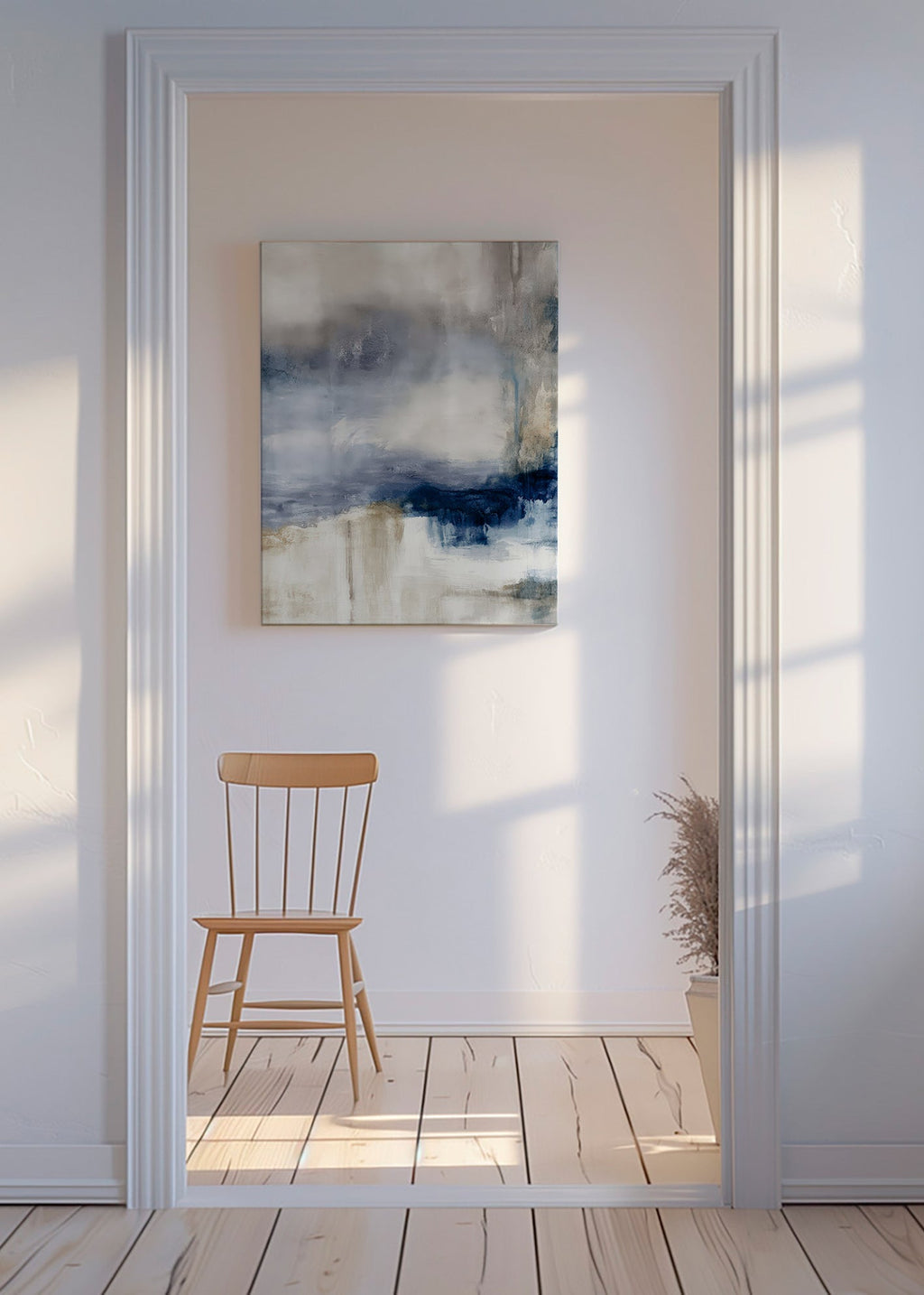 Œuvre abstraite bleu et beige à texture douce