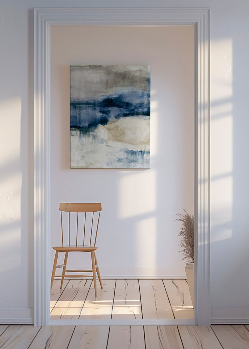 Œuvre abstraite brouillard hivernal en touches bleues