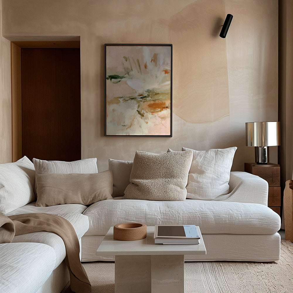 Impression botanique abstraite en rose et beige