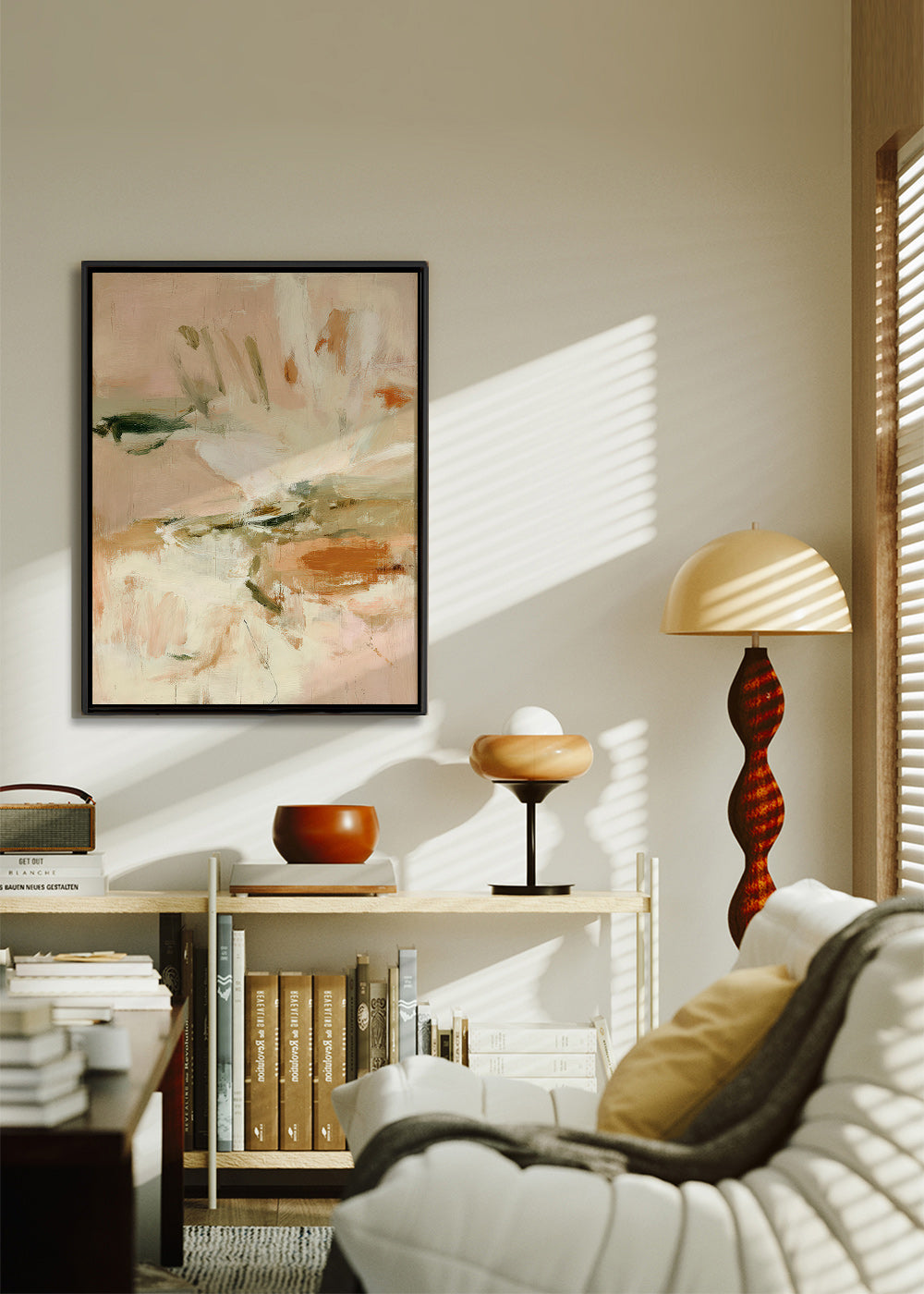 Impression botanique abstraite en rose et beige