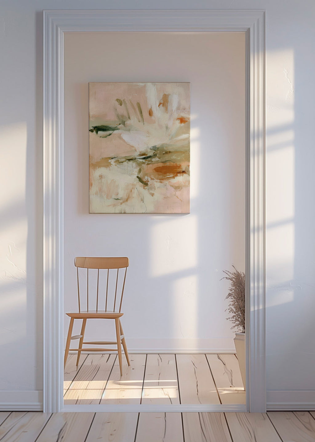 Impression botanique abstraite en rose et beige