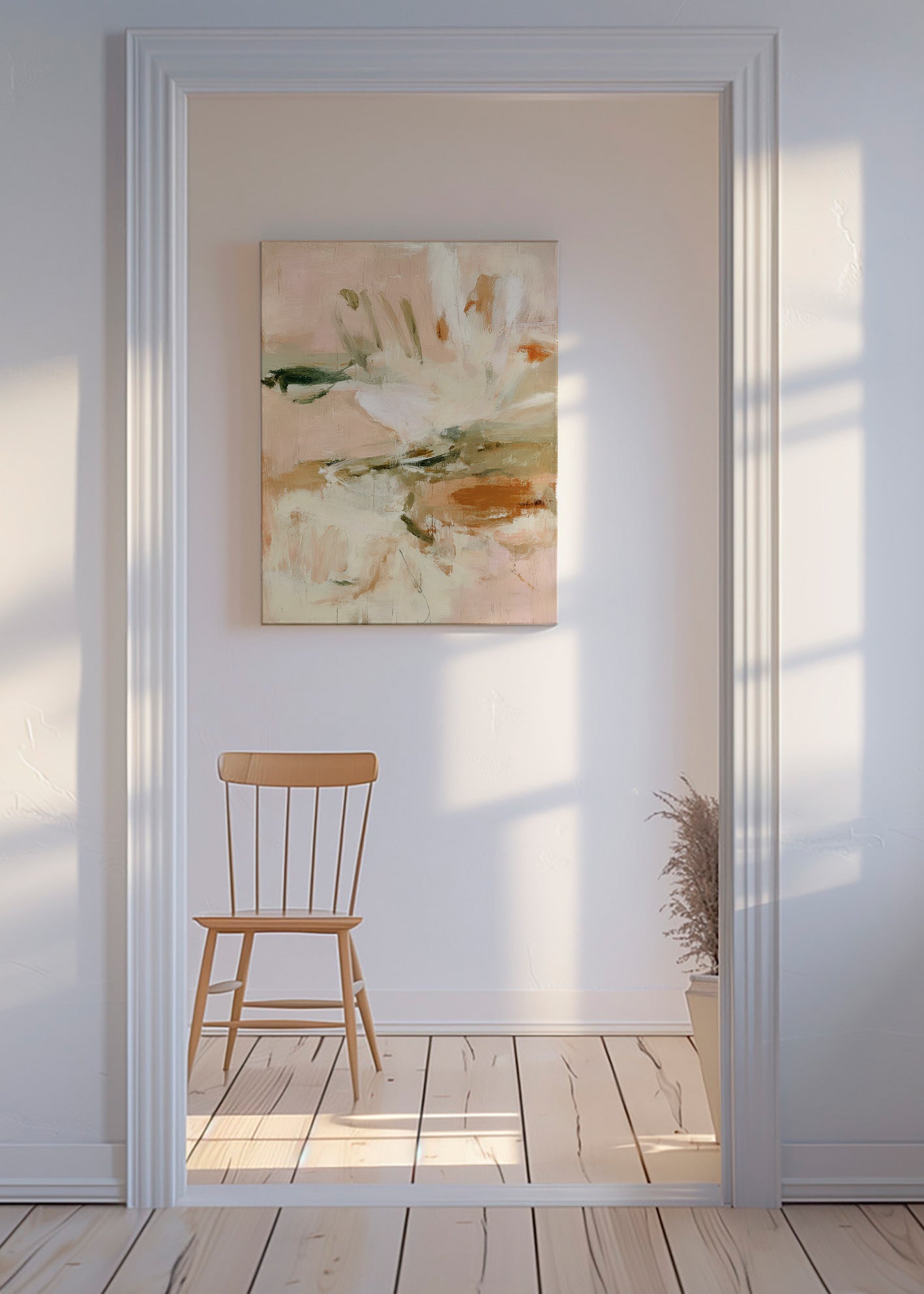 Impression botanique abstraite en rose et beige