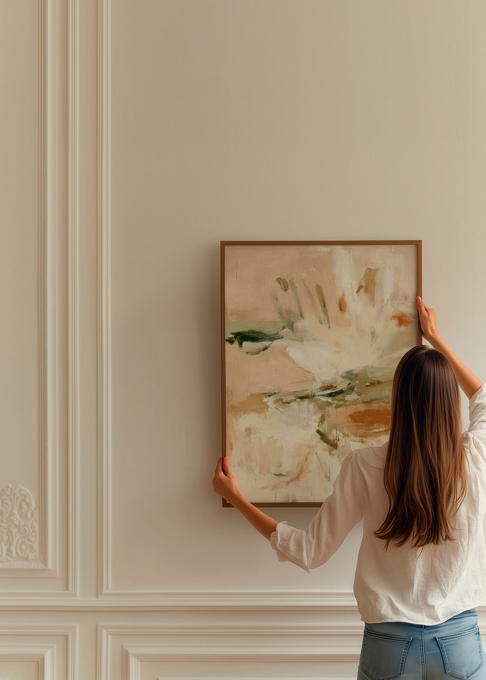 Impression botanique abstraite en rose et beige