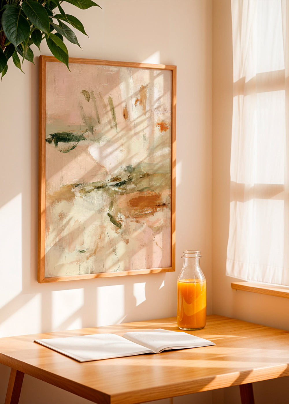 Impression botanique abstraite en rose et beige