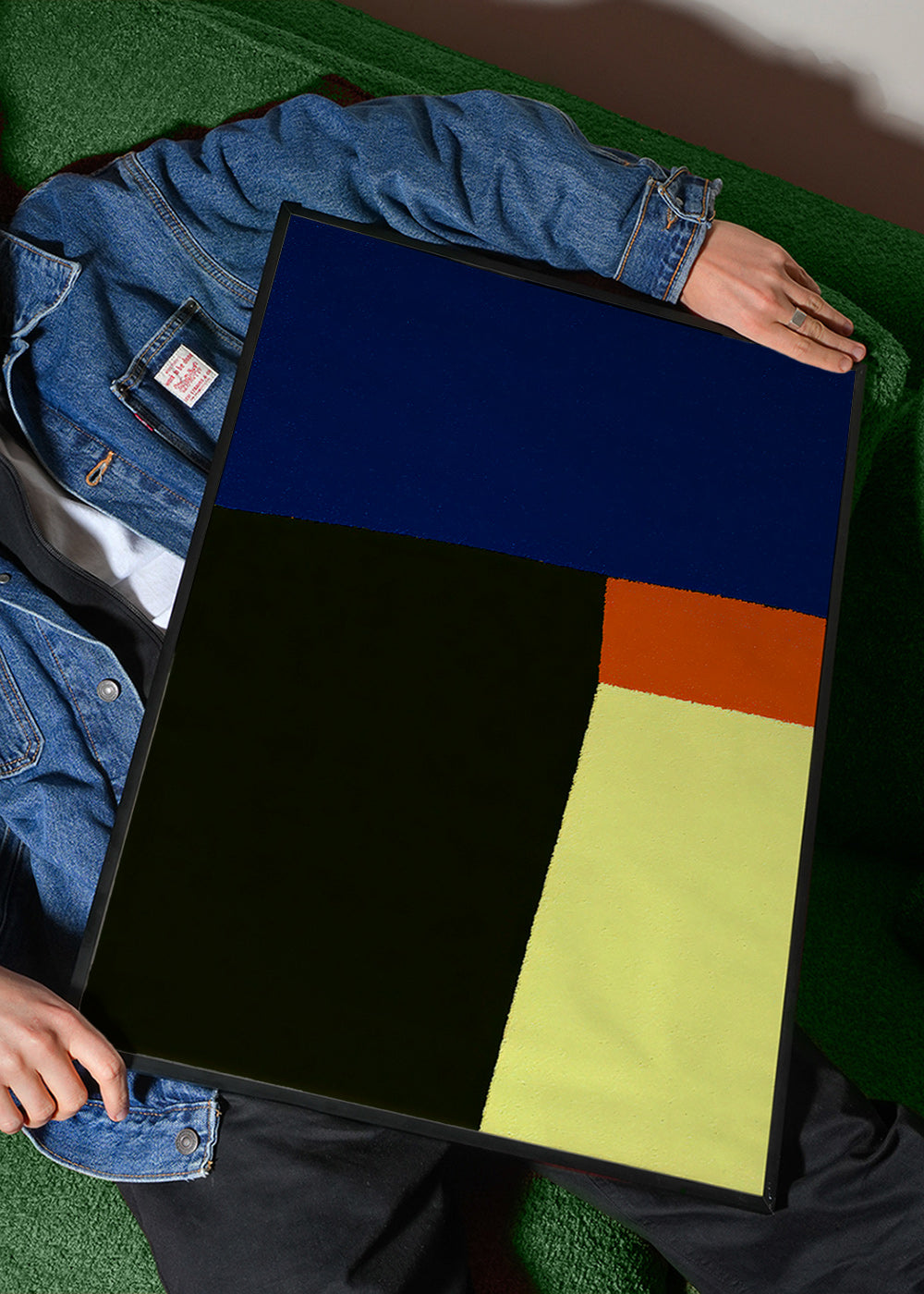 Oeuvre abstraite en blocs bleus audaces