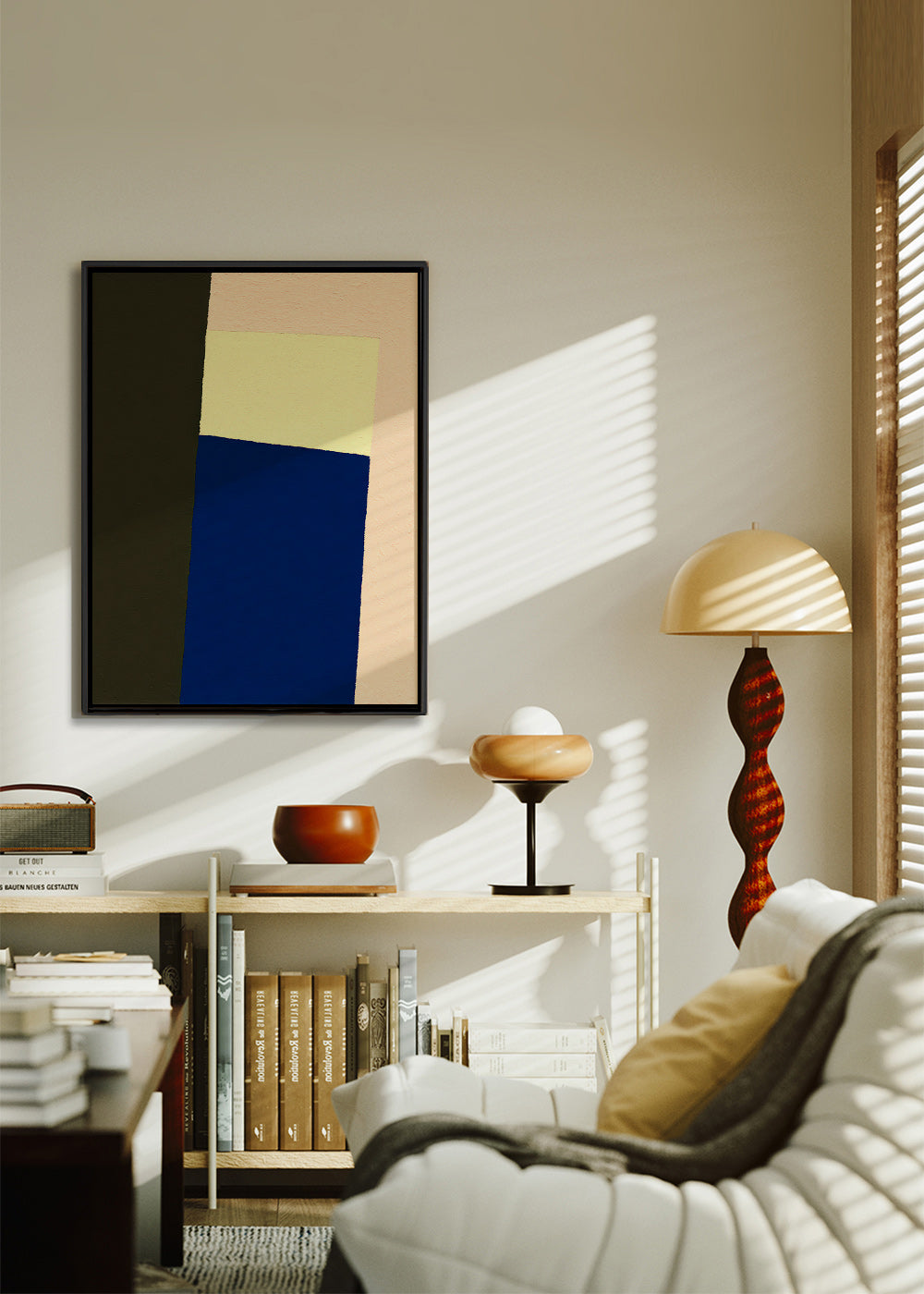 Tableau géométrique avec bloc bleu vertical