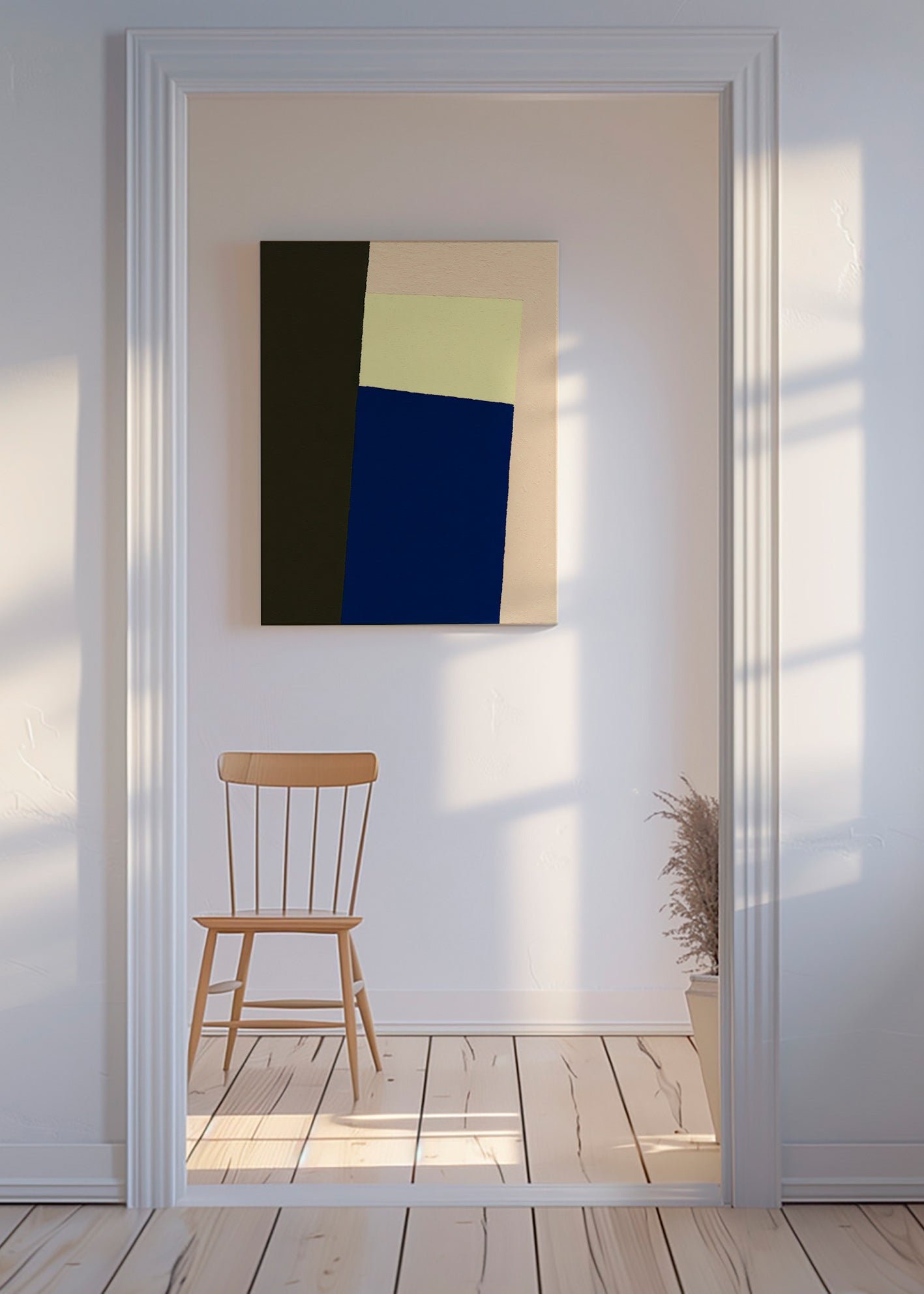 Tableau géométrique avec bloc bleu vertical