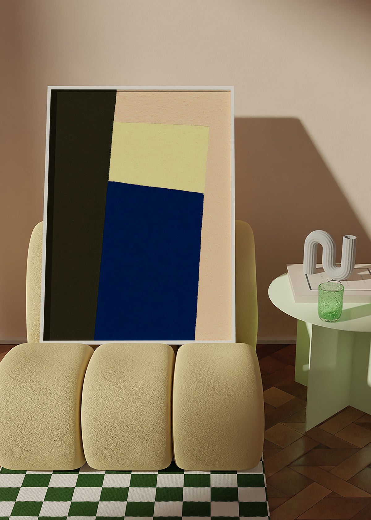 Tableau géométrique avec bloc bleu vertical