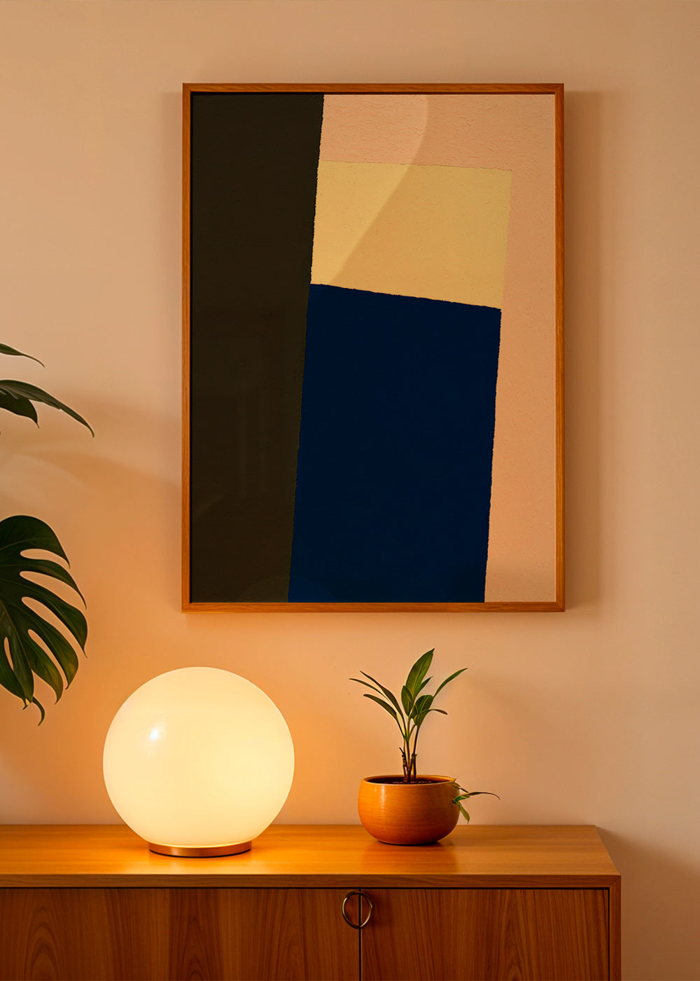 Tableau géométrique avec bloc bleu vertical