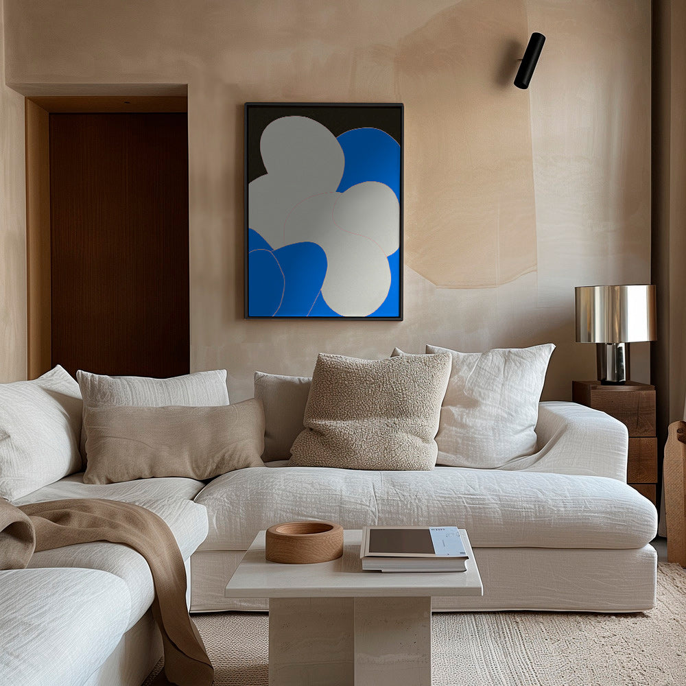 Tableau abstrait aux formes organiques bleu et blanc