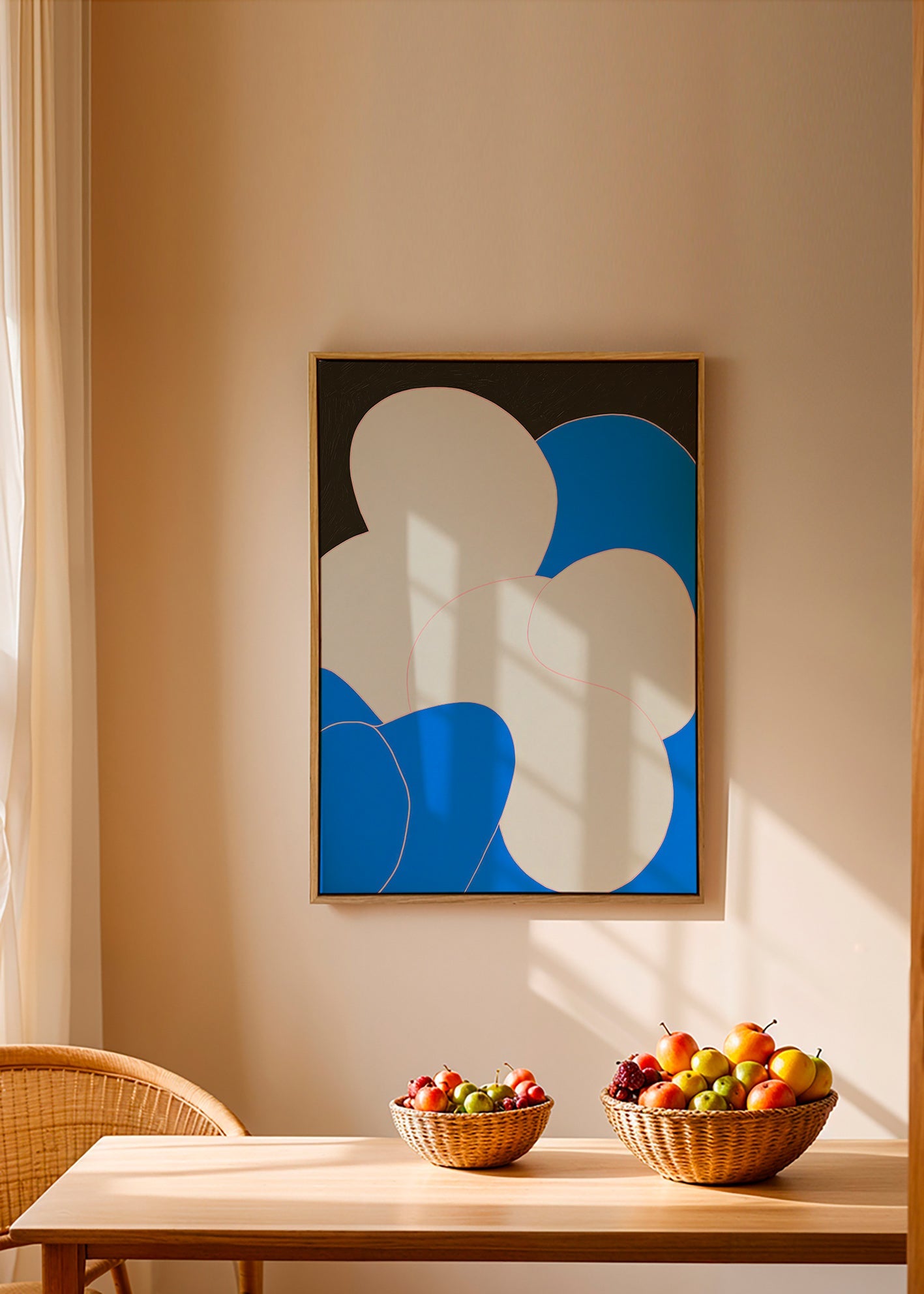 Tableau abstrait aux formes organiques bleu et blanc
