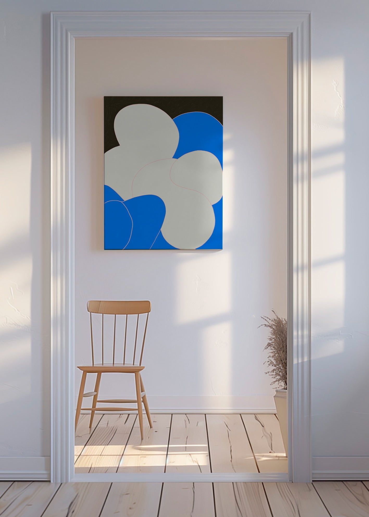 Tableau abstrait aux formes organiques bleu et blanc