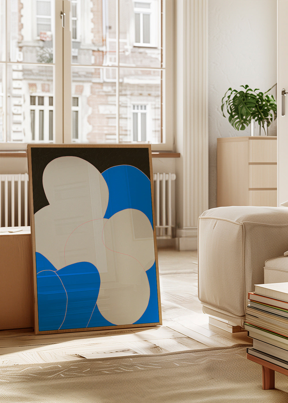 Tableau abstrait aux formes organiques bleu et blanc