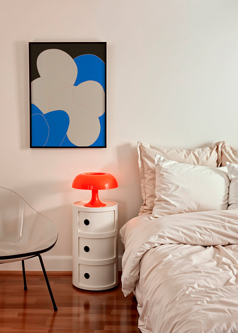 Tableau abstrait aux formes organiques bleu et blanc