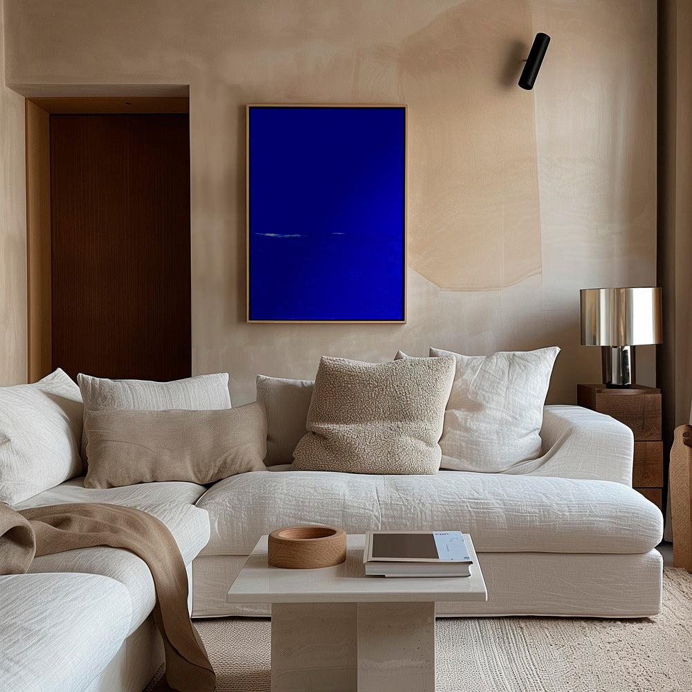 Oeuvre abstraite bleue con horizon discret