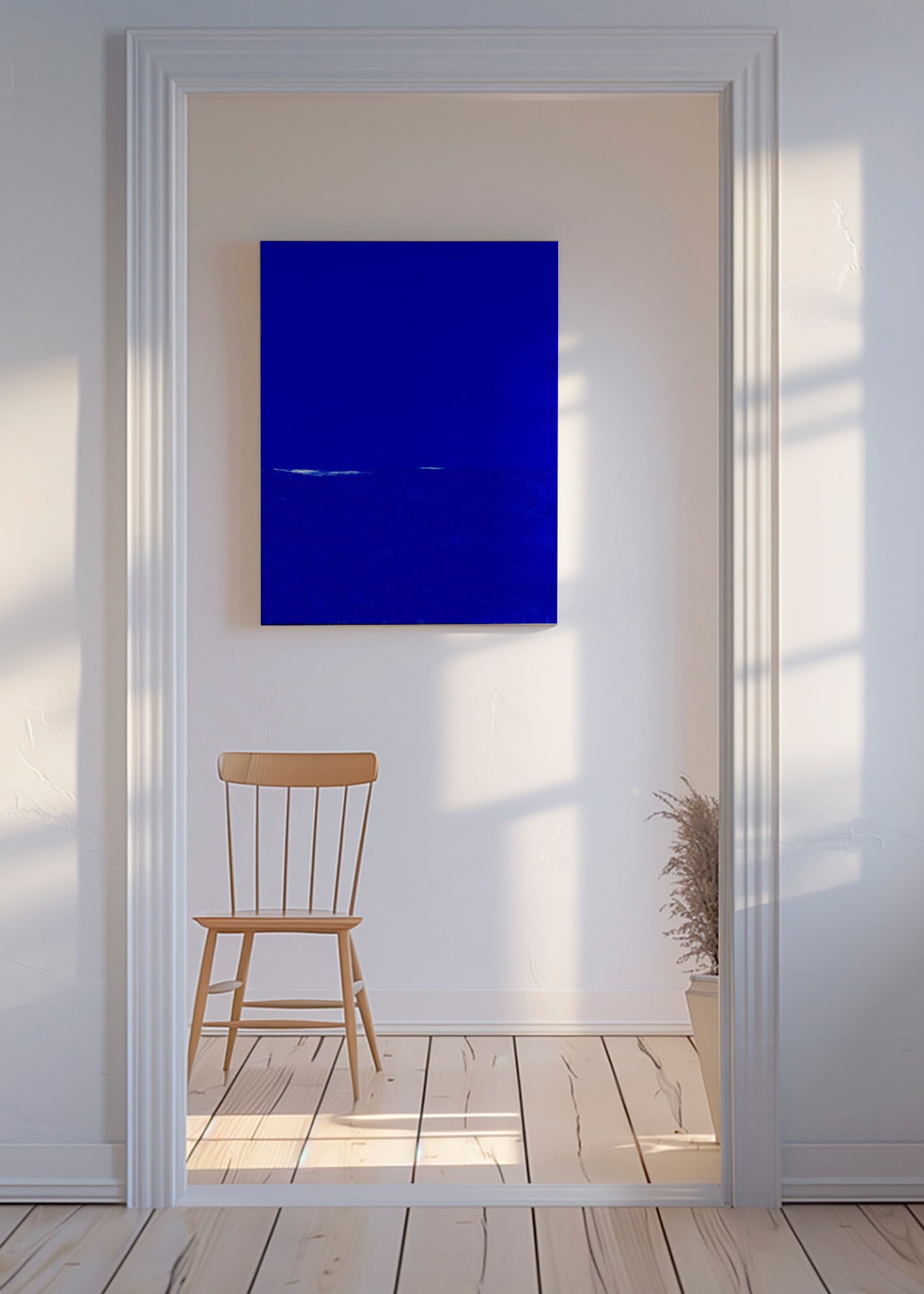 Oeuvre abstraite bleue con horizon discret