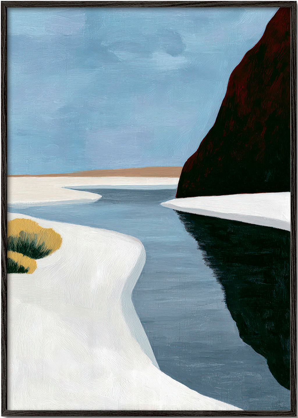 Art de paysage: estuaire minimaliste avec falaise sombre