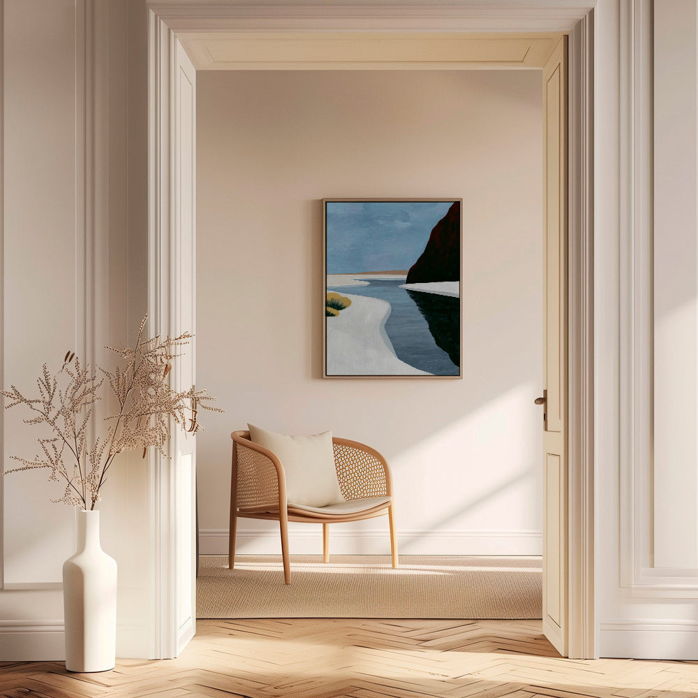Art de paysage: estuaire minimaliste avec falaise sombre