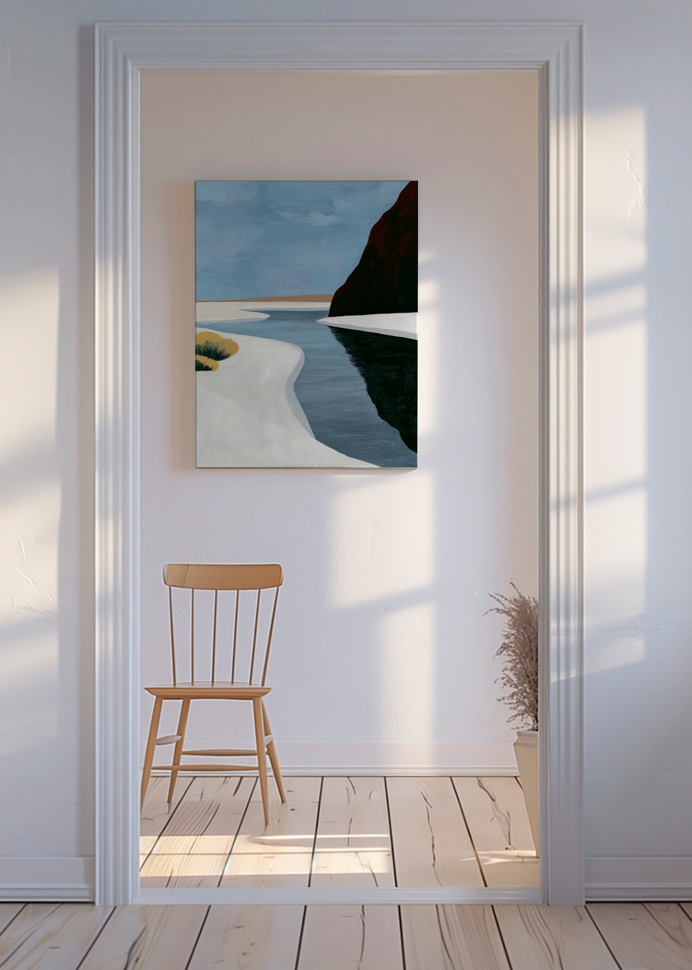 Art de paysage: estuaire minimaliste avec falaise sombre