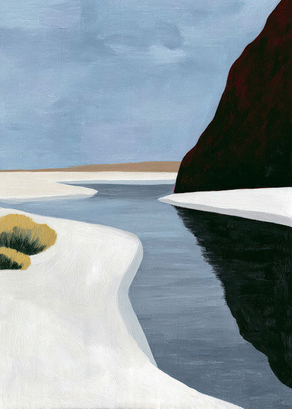Art de paysage: estuaire minimaliste avec falaise sombre